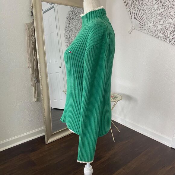Early 2000's Preppy Tommy Hilfiger Green Cotton Knitted Turtleneck Sweater S - Picture 5 of 8
